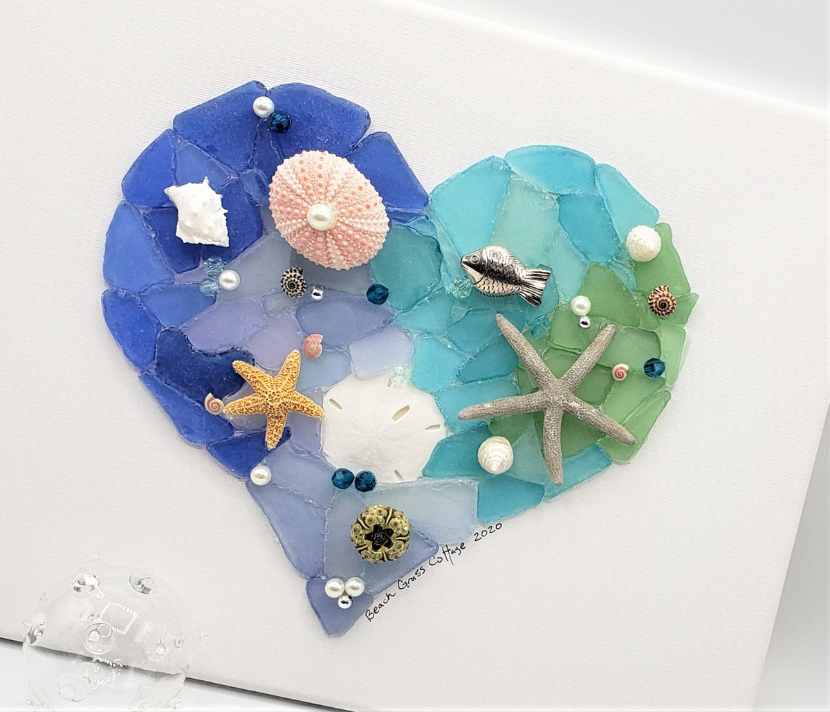 Sea Glass Heart Wall Hanging, Nautical Beach Decor Sea Glass Art