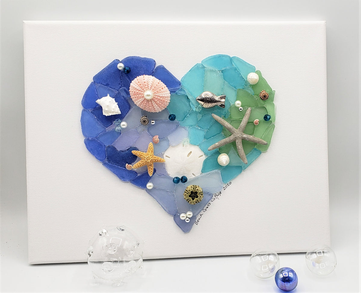 Sea Glass Heart Wall Hanging, Nautical Beach Decor Sea Glass Art