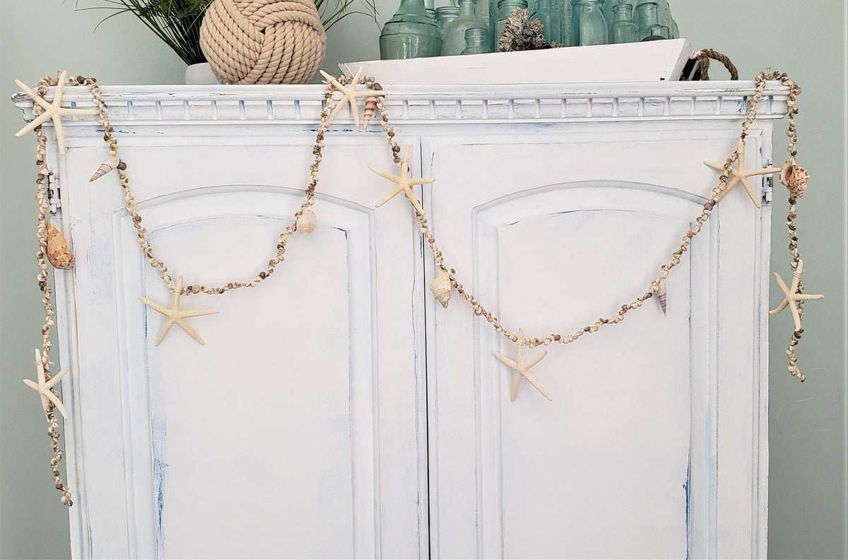 Beach Garland Coastal Christmas Garland 10ft (120) w/12 Pc Real Starfish,  Nautical Decor, Beach Theme Party Decorations, Starfish Wall Decor