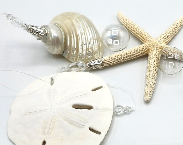 Beach Christmas Seashell Ornaments, 3 PIECE Coastal Decor REAL Shell Ornaments, Nautical Christmas Sand Dollar, Starfish, and Pearl Shell Ornaments, SET of 3