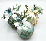 Beach Christmas Ornament, Coastal Christmas Ornament Ball, Capiz Shell Ball w Nautical Decor Netting, Greens & Limpet Shell