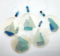 Sea Glass Christmas Ornament, Coastal Beach Glass Sailboat Ornament, Nautical Sea Glass Sail Boat Ornament, Sailing Gifts