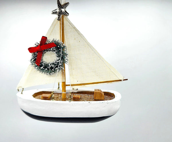 Beach Christmas Decor Sailboat Ornament, Coastal Sail Boat Ornament, Nautical Wooden Boat Ornament, Sailing Gifts, Sailboat Gifts & Decor