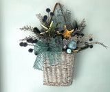 Beach Christmas Decor Wall Basket, Coastal Christmas Decor Wall Arrangement, Beach Coastal Floral Basket w Starfish & Shells, Beach Coastal Gifts & Decor