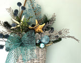 Beach Christmas Decor Wall Basket, Coastal Christmas Decor Wall Arrangement, Beach Coastal Floral Basket w Starfish & Shells, Beach Coastal Gifts & Decor