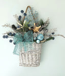 Beach Christmas Decor Wall Basket, Coastal Christmas Decor Wall Arrangement, Beach Coastal Floral Basket w Starfish & Shells, Beach Coastal Gifts & Decor