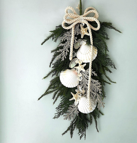 Beach Christmas Decor Seashell Pine Swag, Coastal Christmas Decor Swag Wreath w Seashells, Beach Coastal Platinum Pine Wall Swag w Shells, Beach Coastal Gifts & Decor