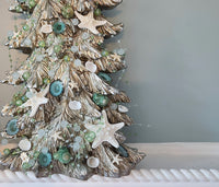 Beach Christmas Decor, 2PC Coastal Christmas Seashell Tree SET OF 2, Nautical Christmas Shell Trees w REAL Shells and Aqua Beaded Garland 2PC