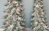 Beach Christmas Decor, 2PC Coastal Christmas Seashell Tree SET OF 2, Nautical Christmas Shell Trees w REAL Shells and Aqua Beaded Garland 2PC