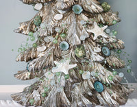 Beach Christmas Decor, 2PC Coastal Christmas Seashell Tree SET OF 2, Nautical Christmas Shell Trees w REAL Shells and Aqua Beaded Garland 2PC