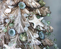 Beach Christmas Decor, 2PC Coastal Christmas Seashell Tree SET OF 2, Nautical Christmas Shell Trees w REAL Shells and Aqua Beaded Garland 2PC