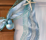 Beach Christmas Decor Starfish Garland, Starfish Christmas Garland, Coastal Decor Christmas Garland w Starfish & Blue Christmas Ornaments