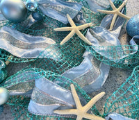 Beach Christmas Decor Starfish Garland, Starfish Christmas Garland, Coastal Decor Christmas Garland w Starfish & Blue Christmas Ornaments