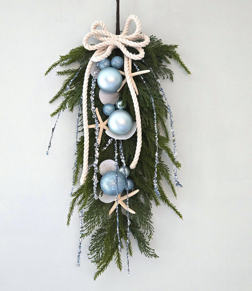 Beach Christmas Decor Seashell Pine Swag, Coastal Christmas Decor Swag Wreath w Seashells, Beach Coastal Platinum Pine Wall Swag w Shells, Beach Coastal Gifts & Decor