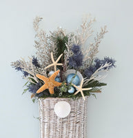 Beach Christmas Decor Wall Basket, Coastal Christmas Decor Wall Arrangement, Beach Coastal Floral Basket w Starfish & Shells, Beach Coastal Gifts & Decor