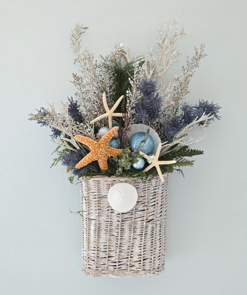 Beach Christmas Decor Wall Basket, Coastal Christmas Decor Wall Arrangement, Beach Coastal Floral Basket w Starfish & Shells, Beach Coastal Gifts & Decor