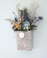 Beach Christmas Decor Wall Basket, Coastal Christmas Decor Wall Arrangement, Beach Coastal Floral Basket w Starfish & Shells, Beach Coastal Gifts & Decor