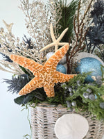 Beach Christmas Decor Wall Basket, Coastal Christmas Decor Wall Arrangement, Beach Coastal Floral Basket w Starfish & Shells, Beach Coastal Gifts & Decor