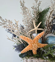 Beach Christmas Decor Wall Basket, Coastal Christmas Decor Wall Arrangement, Beach Coastal Floral Basket w Starfish & Shells, Beach Coastal Gifts & Decor