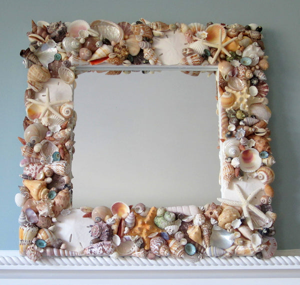 Seashell Mirror, Beach Decor Nautical Coastal Colored Shell Wall