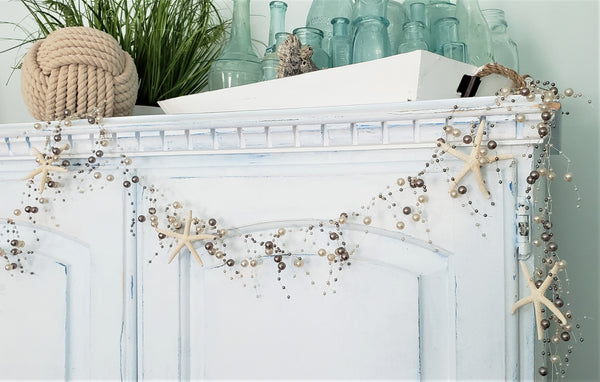 SOVOEY Christmas Starfish Garland - Beach Garland Decorations Coastal Beaded Party Supplies Handcrafted Pearl Garland for Christmas Tree Mantel