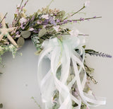 Beach Decor Spring Lavender & Sage Coastal Wreath, Wispy and Twiggy Lavender Wreath w REAL White Starfish, 20"