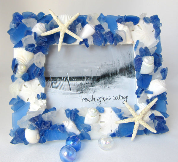 sea glass frame, beach glass frame, seaglass frame, seashell frame, sea glass picture frame, blue sea glass frame